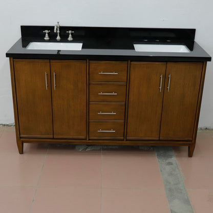 61" Double sink vanity in Walnut finish with Black galaxy granite and rectangle sink