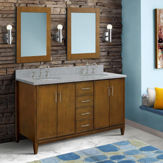 61" Double sink vanity in Walnut finish with Gray granite and oval sink