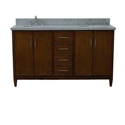 61" Double sink vanity in Walnut finish with Gray granite and oval sink
