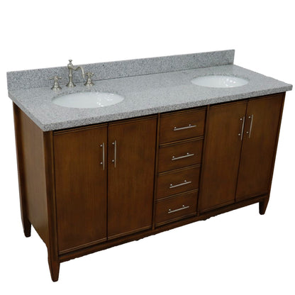 61" Double sink vanity in Walnut finish with Gray granite and oval sink