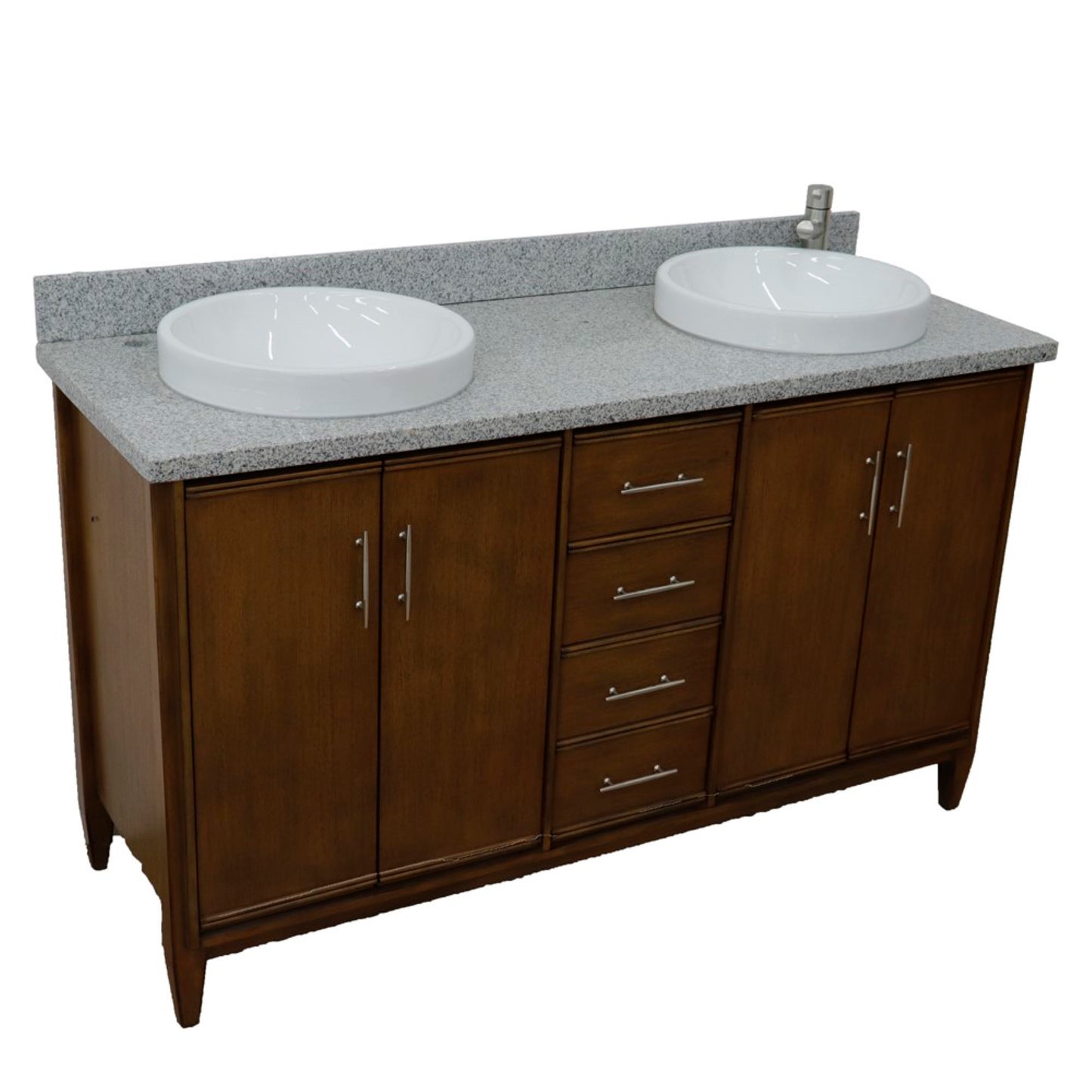 61" Double sink vanity in Walnut finish with Gray granite and round sink