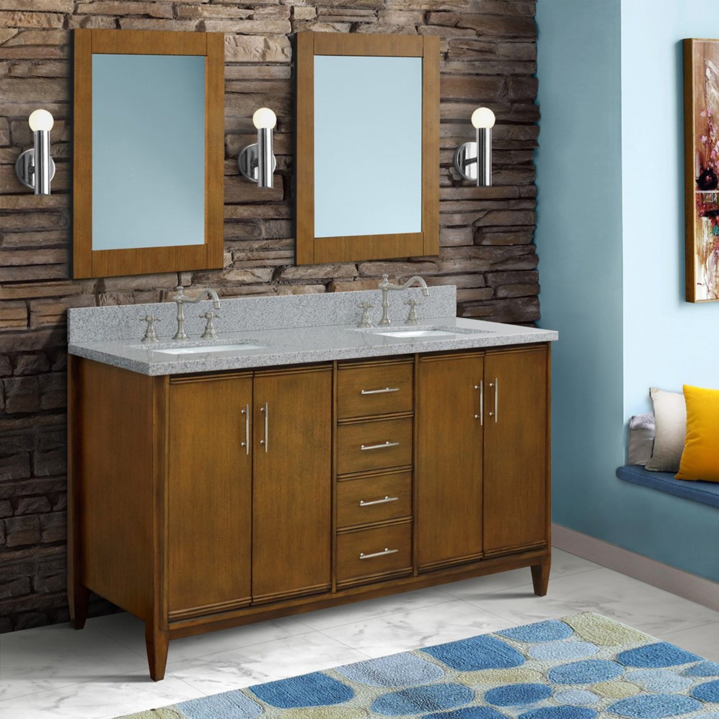 61" Double sink vanity in Walnut finish with Gray granite and rectangle sink