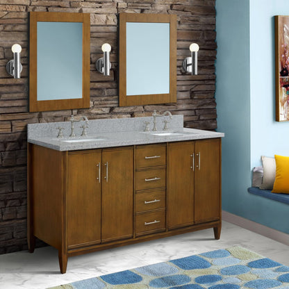 61" Double sink vanity in Walnut finish with Gray granite and rectangle sink