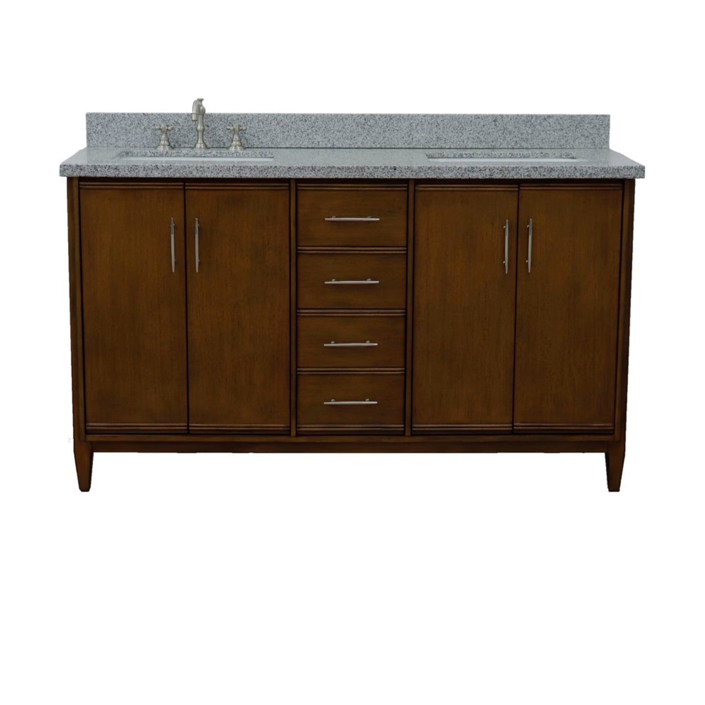 61" Double sink vanity in Walnut finish with Gray granite and rectangle sink