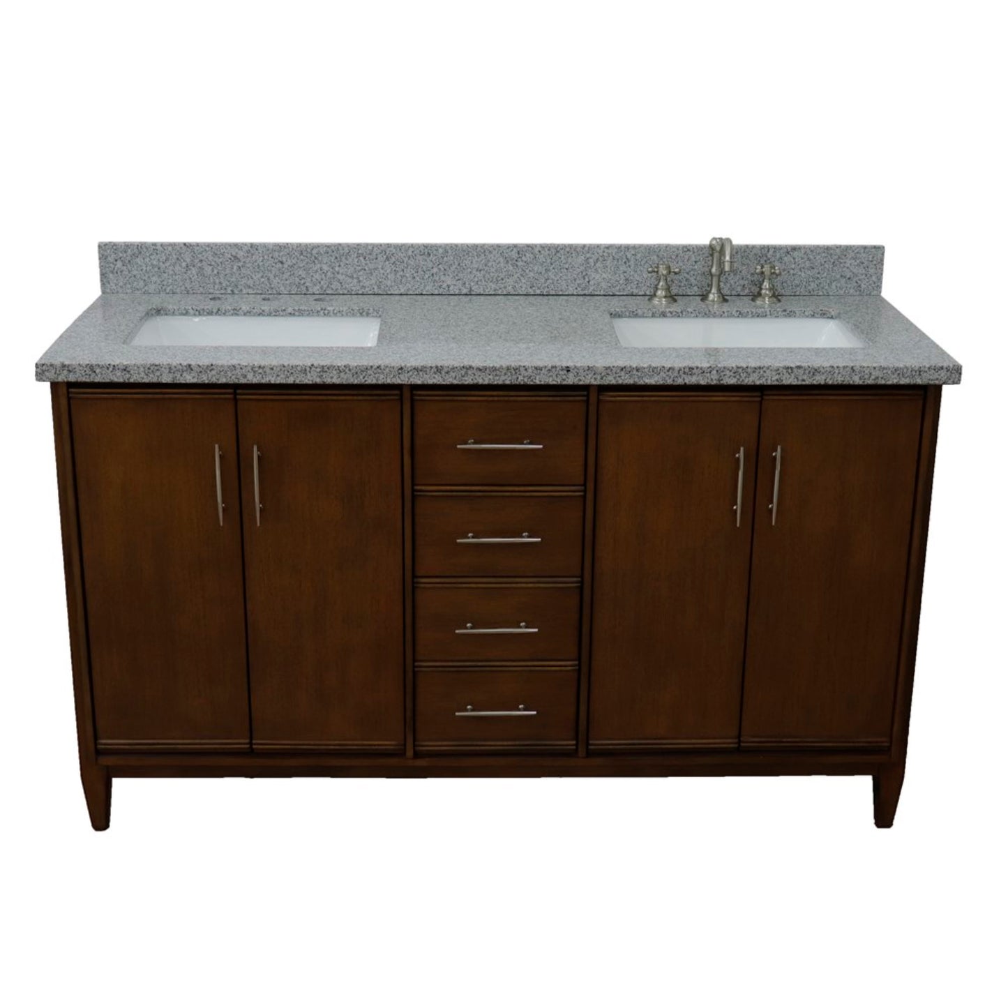 61" Double sink vanity in Walnut finish with Gray granite and rectangle sink