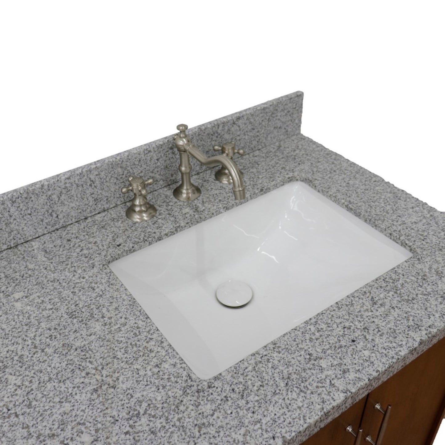 61" Double sink vanity in Walnut finish with Gray granite and rectangle sink