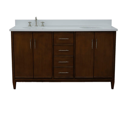61" Double sink vanity in Walnut finish with White engineered stone and oval sink