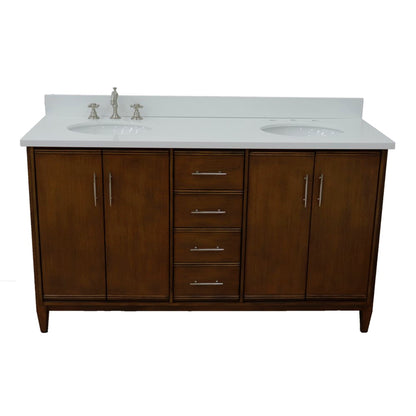 61" Double sink vanity in Walnut finish with White engineered stone and oval sink