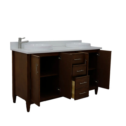 61" Double sink vanity in Walnut finish with White engineered stone and round sink