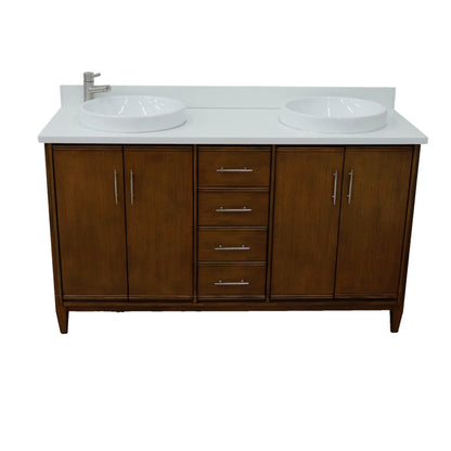 61" Double sink vanity in Walnut finish with White engineered stone and round sink