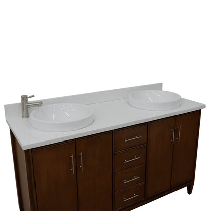61" Double sink vanity in Walnut finish with White engineered stone and round sink