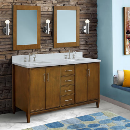 61" Double sink vanity in Walnut finish with White engineered stone and rectangle sink