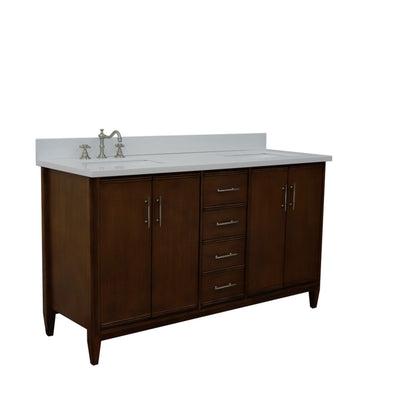61" Double sink vanity in Walnut finish with White engineered stone and rectangle sink