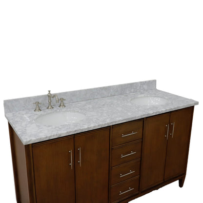 61" Double sink vanity in Walnut finish with White Carrara marble and oval sink