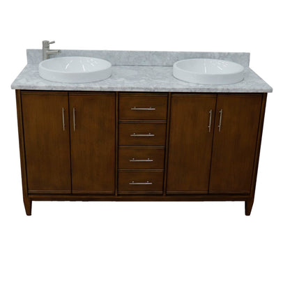 61" Double sink vanity in Walnut finish with White Carrara marble and round sink