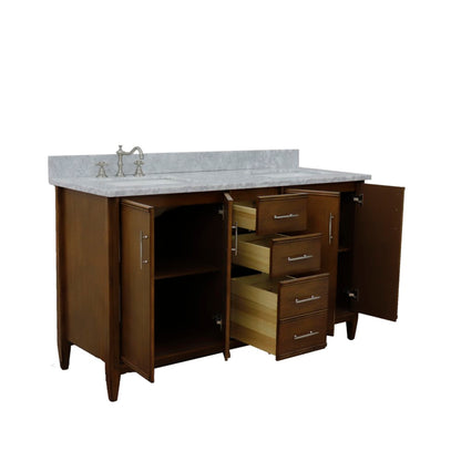 61" Double sink vanity in Walnut finish with White Carrara marble and rectangle sink