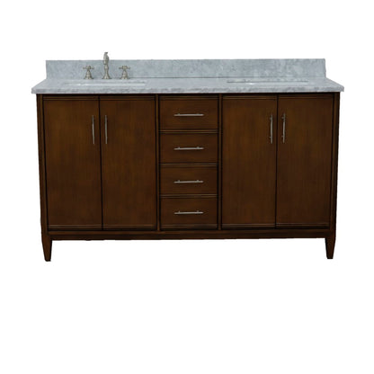 61" Double sink vanity in Walnut finish with White Carrara marble and rectangle sink