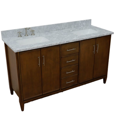 61" Double sink vanity in Walnut finish with White Carrara marble and rectangle sink