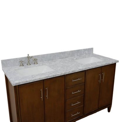 61" Double sink vanity in Walnut finish with White Carrara marble and rectangle sink