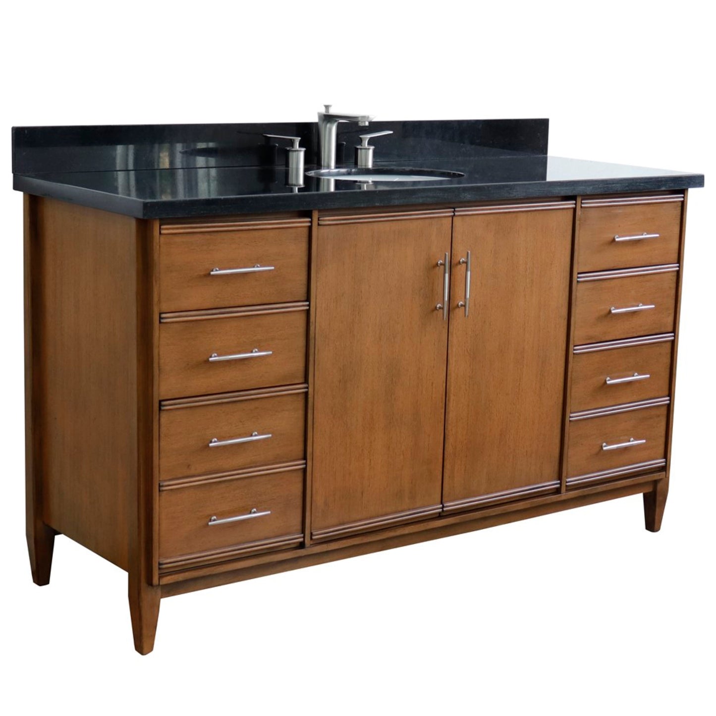 61" Single sink vanity in Walnut finish with Black galaxy granite and oval sink