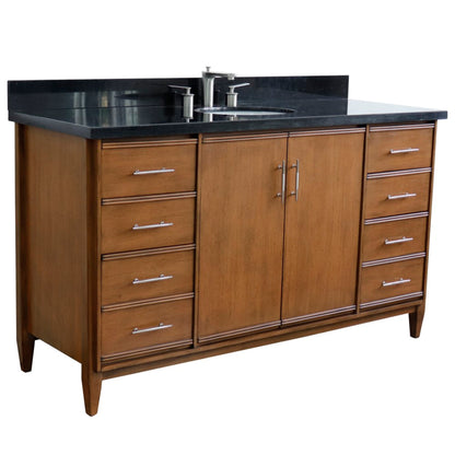 61" Single sink vanity in Walnut finish with Black galaxy granite and oval sink