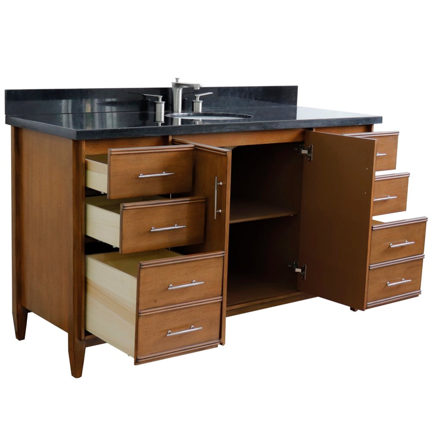61" Single sink vanity in Walnut finish with Black galaxy granite and oval sink