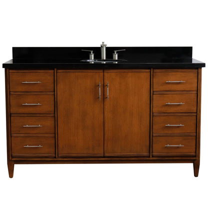 61" Single sink vanity in Walnut finish with Black galaxy granite and oval sink