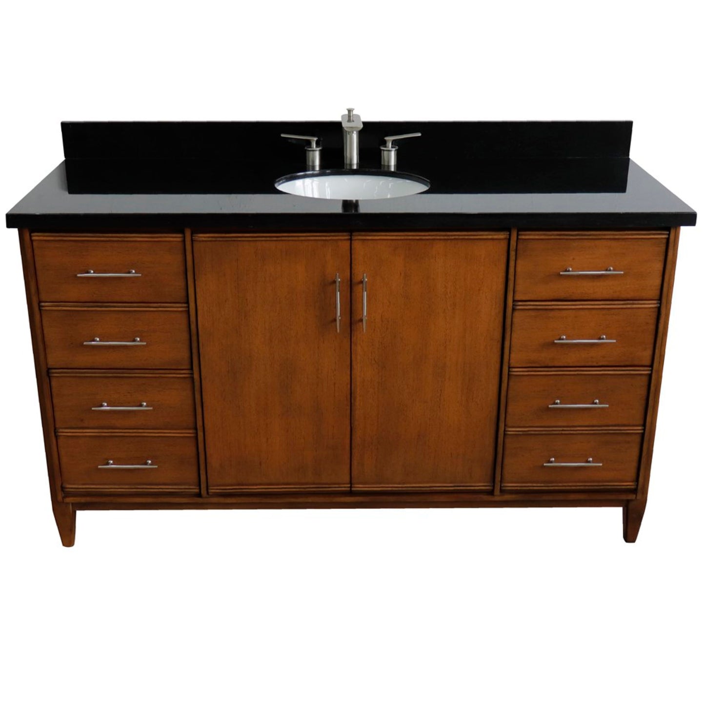 61" Single sink vanity in Walnut finish with Black galaxy granite and oval sink