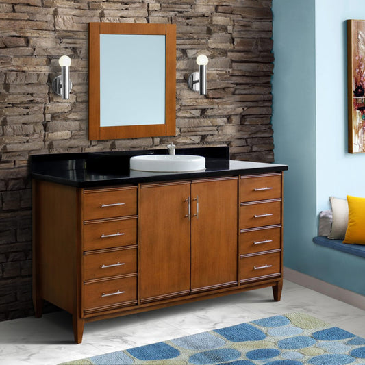 61" Single sink vanity in Walnut finish with Black galaxy granite and round sink