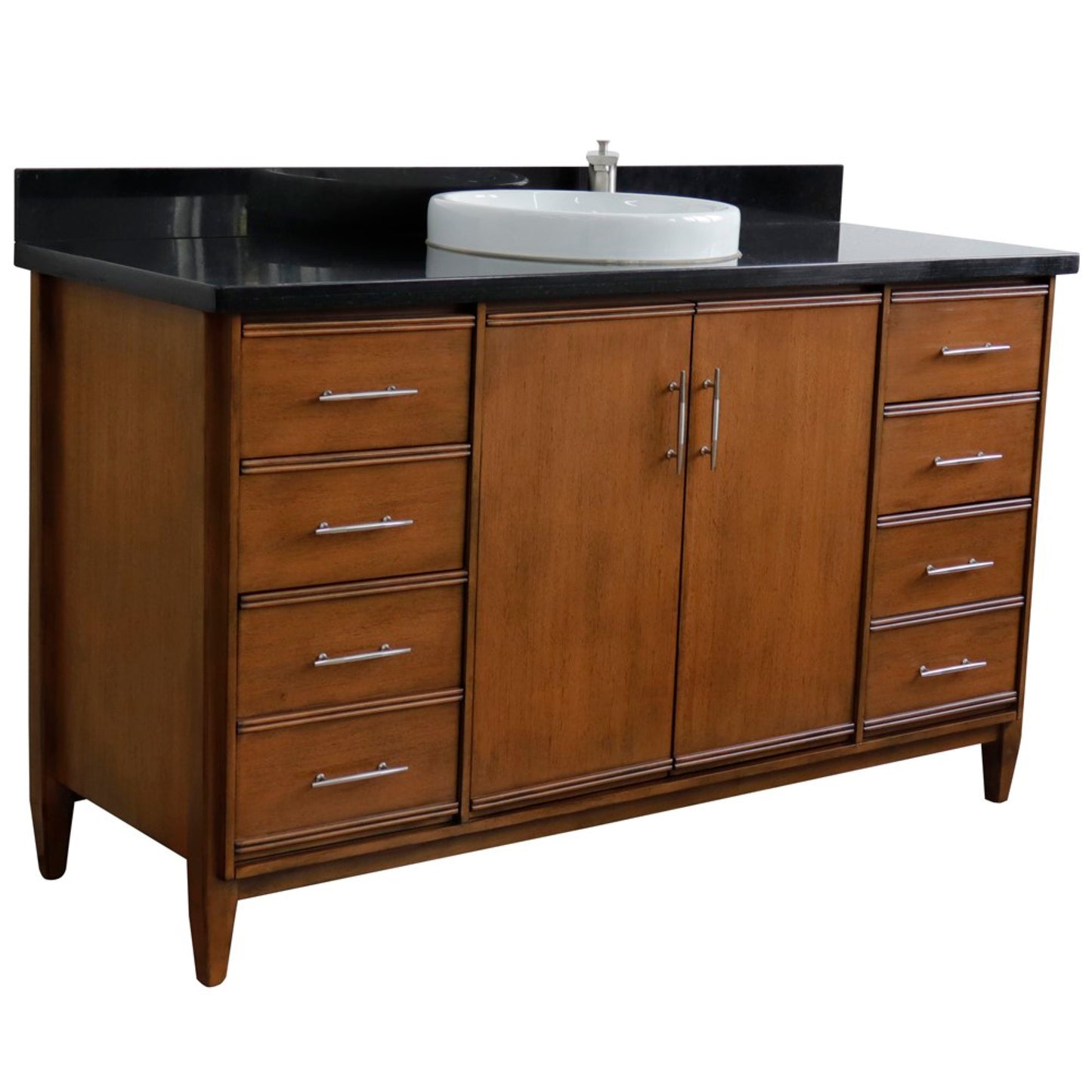 61" Single sink vanity in Walnut finish with Black galaxy granite and round sink