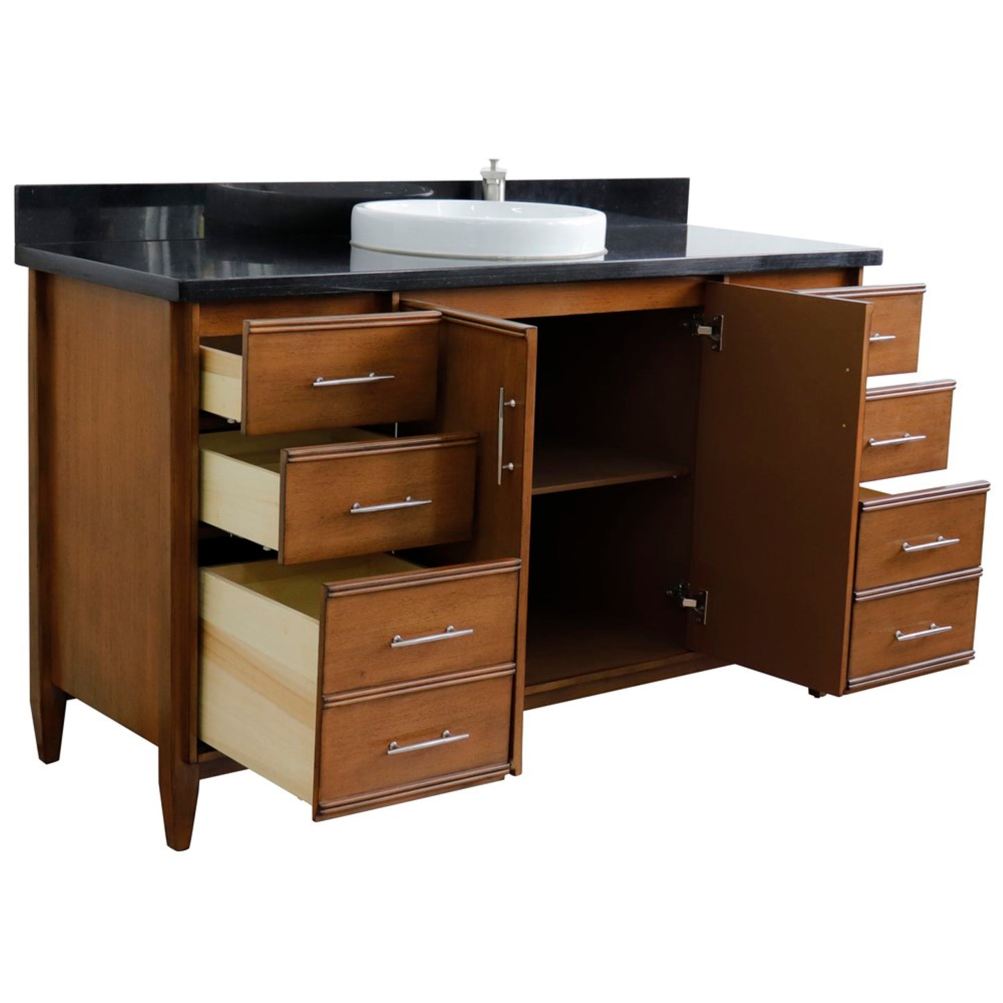 61" Single sink vanity in Walnut finish with Black galaxy granite and round sink