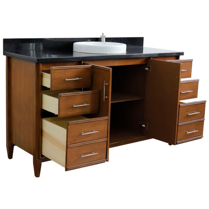 61" Single sink vanity in Walnut finish with Black galaxy granite and round sink