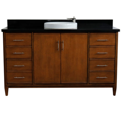 61" Single sink vanity in Walnut finish with Black galaxy granite and round sink