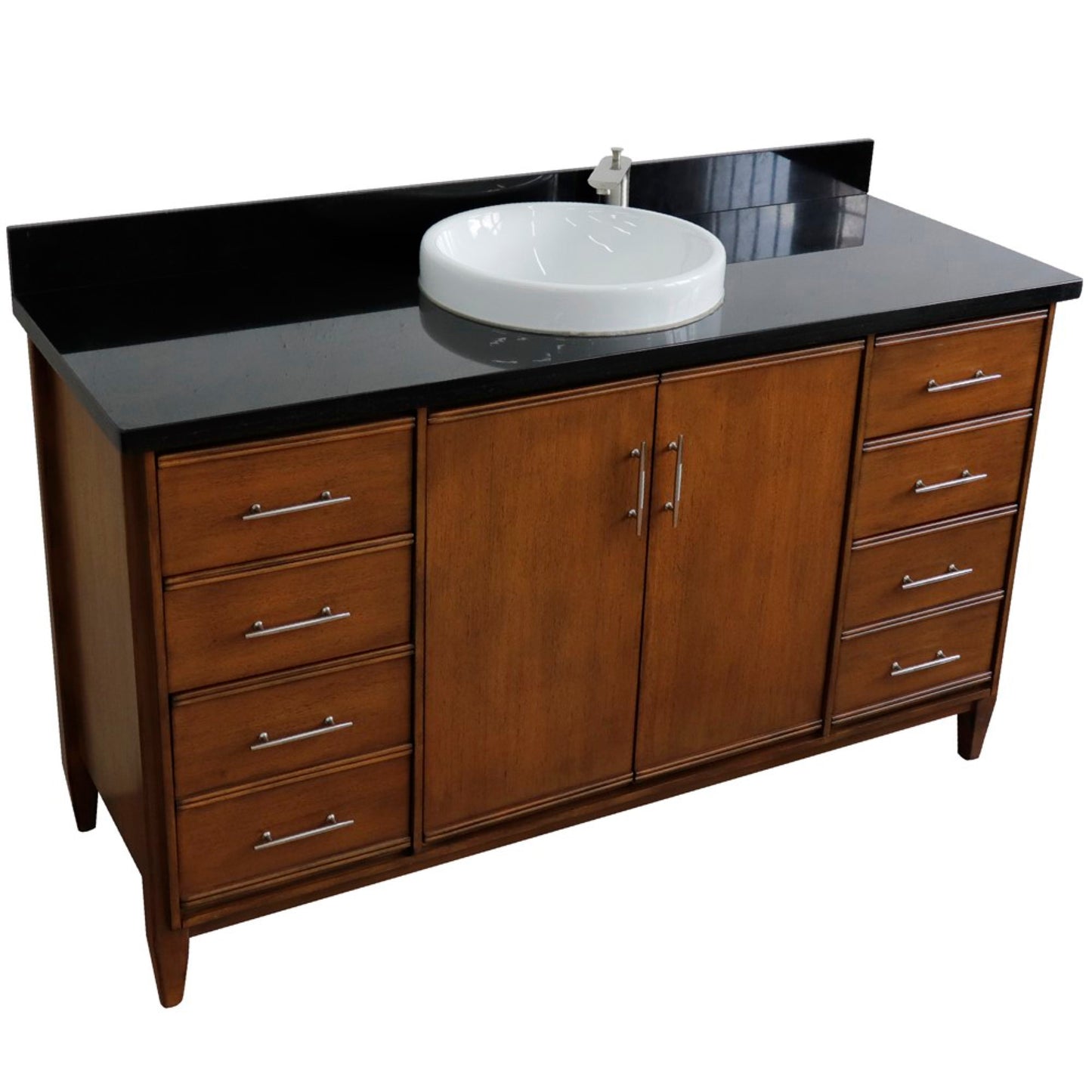 61" Single sink vanity in Walnut finish with Black galaxy granite and round sink