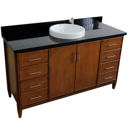 61" Single sink vanity in Walnut finish with Black galaxy granite and round sink