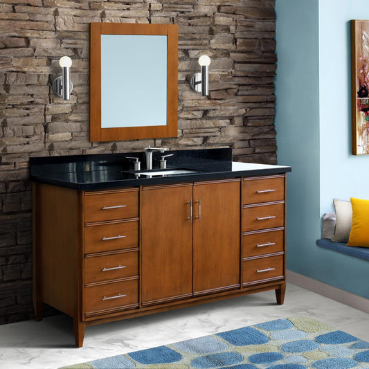 61" Single sink vanity in Walnut finish with Black galaxy granite and rectangle sink