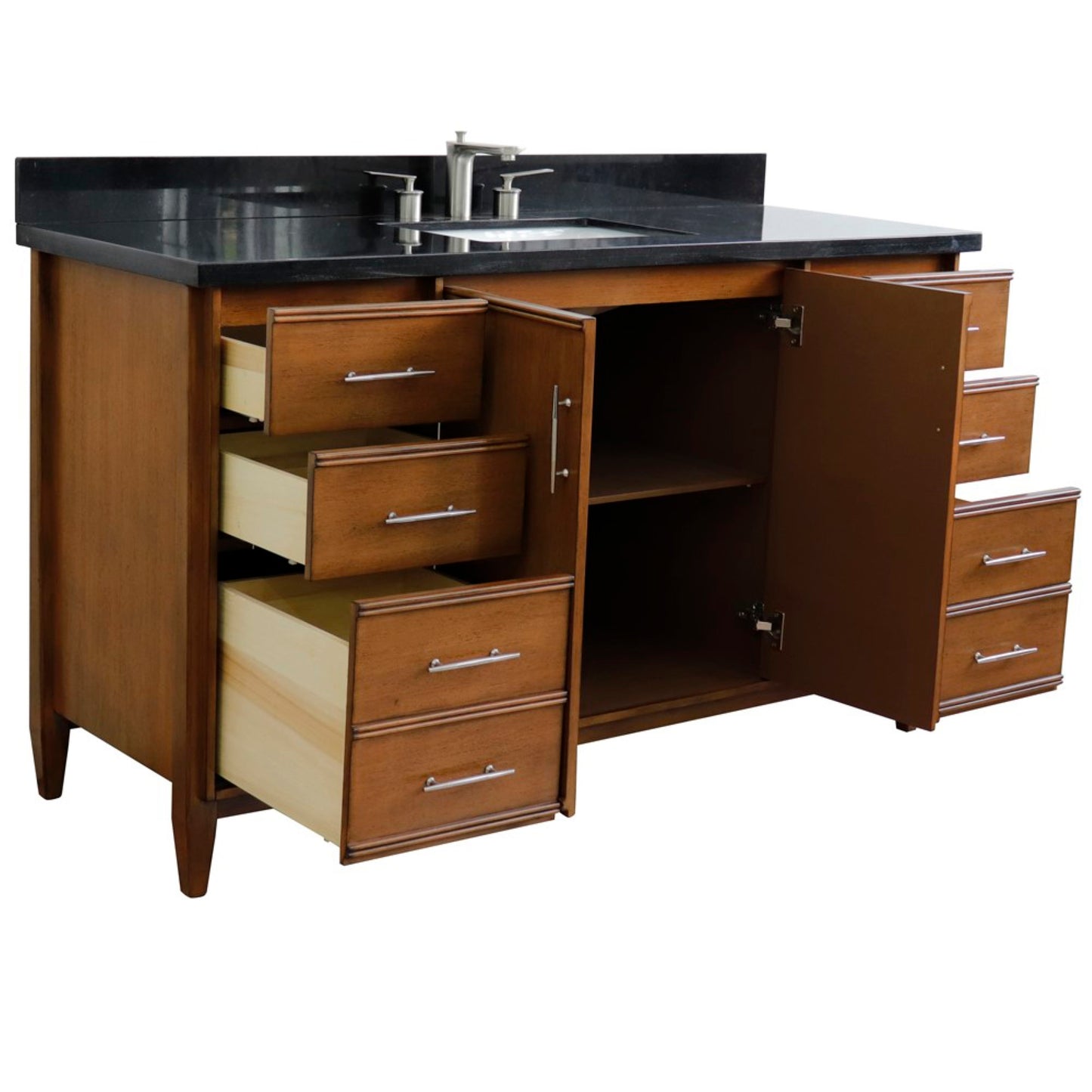 61" Single sink vanity in Walnut finish with Black galaxy granite and rectangle sink