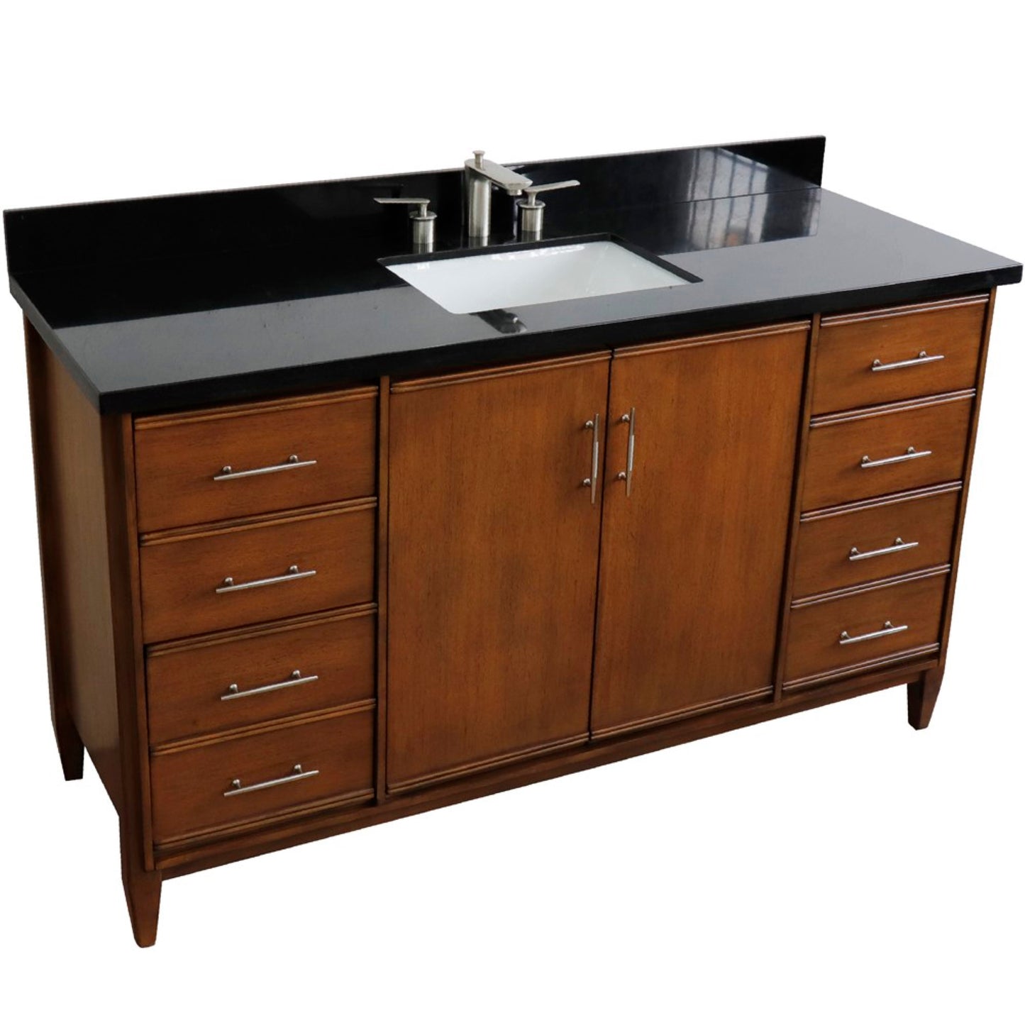 61" Single sink vanity in Walnut finish with Black galaxy granite and rectangle sink