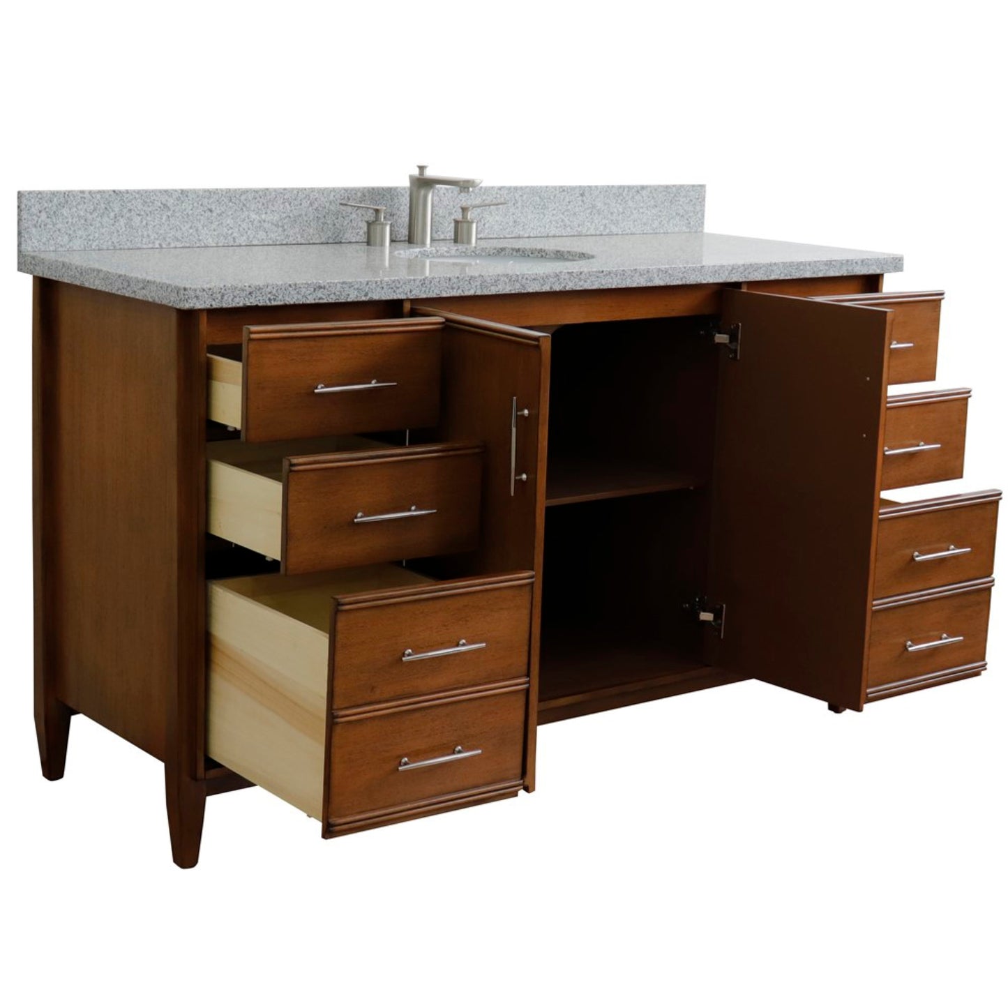 61" Single sink vanity in Walnut finish with Gray granite and oval sink