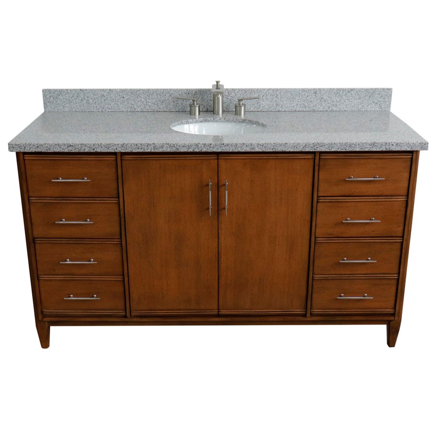 61" Single sink vanity in Walnut finish with Gray granite and oval sink