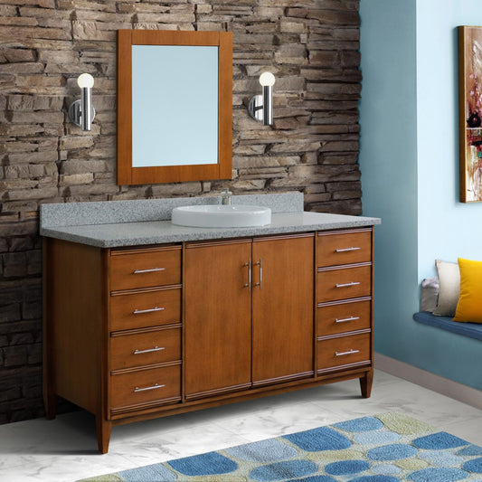 61" Single sink vanity in Walnut finish with Gray granite and round sink