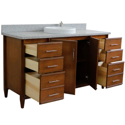 61" Single sink vanity in Walnut finish with Gray granite and round sink