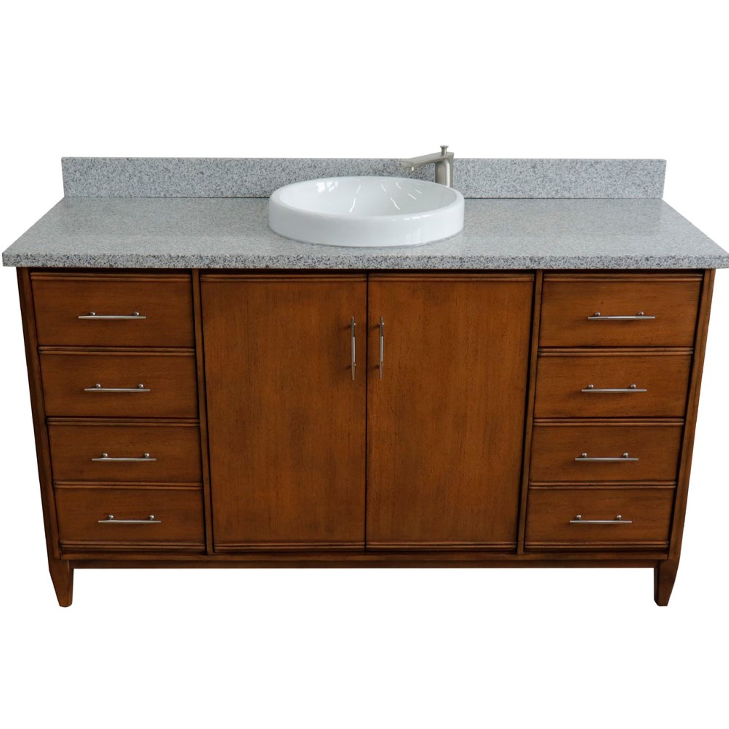 61" Single sink vanity in Walnut finish with Gray granite and round sink