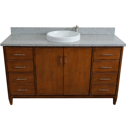 61" Single sink vanity in Walnut finish with Gray granite and round sink