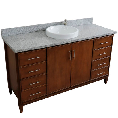 61" Single sink vanity in Walnut finish with Gray granite and round sink