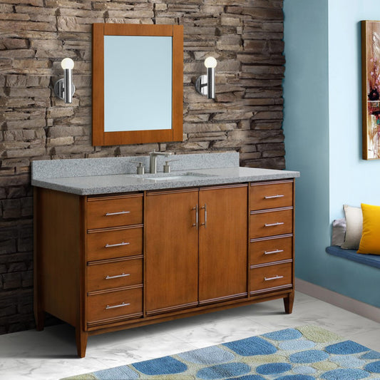 61" Single sink vanity in Walnut finish with Gray granite and rectangle sink