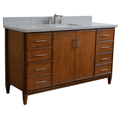 61" Single sink vanity in Walnut finish with Gray granite and rectangle sink