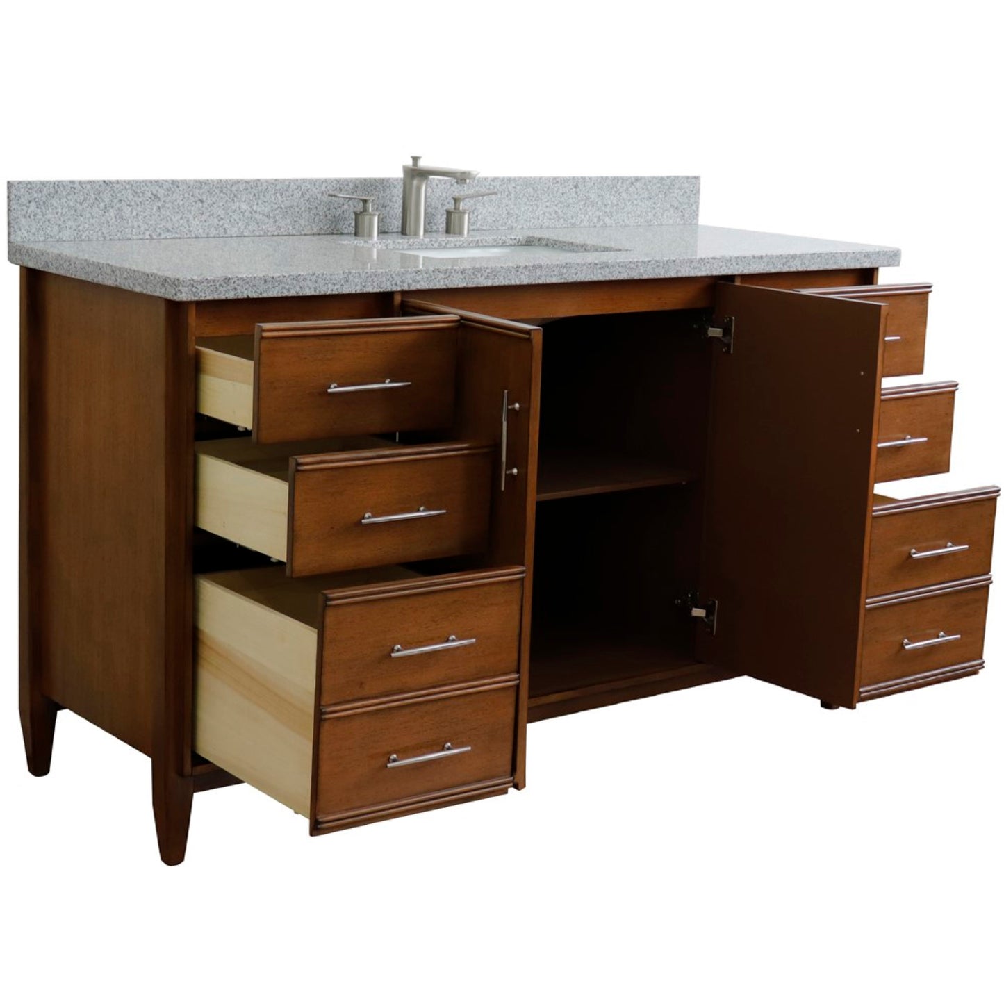 61" Single sink vanity in Walnut finish with Gray granite and rectangle sink