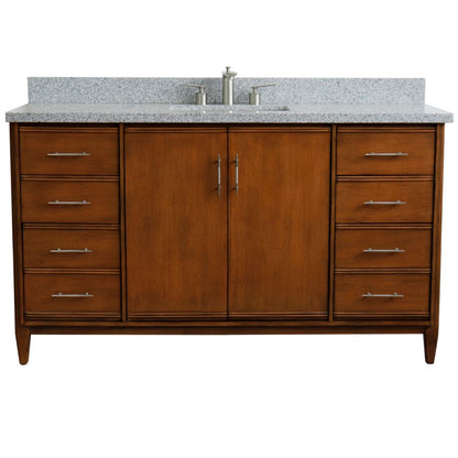 61" Single sink vanity in Walnut finish with Gray granite and rectangle sink