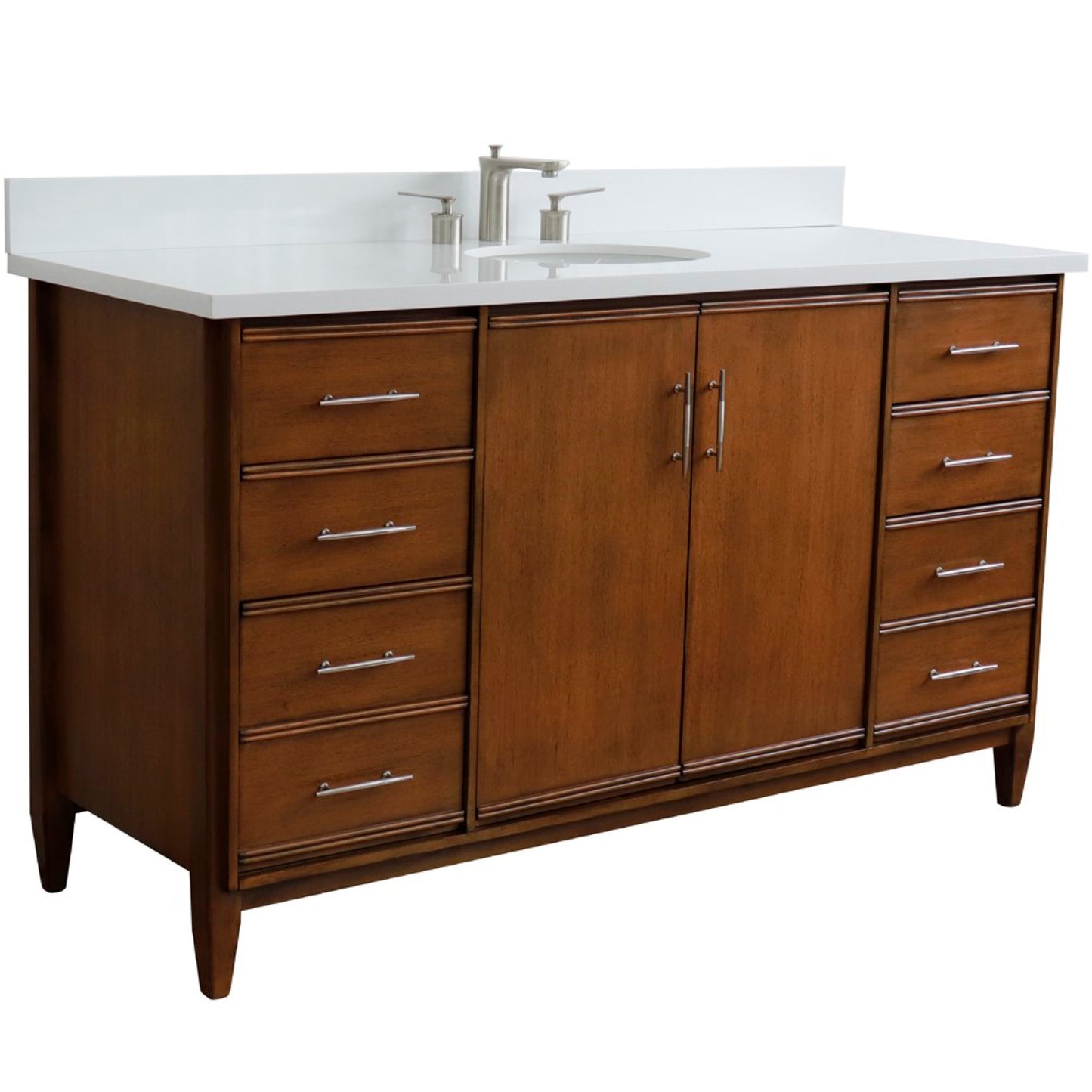 61" Single sink vanity in Walnut finish with White engineered stone and oval sink